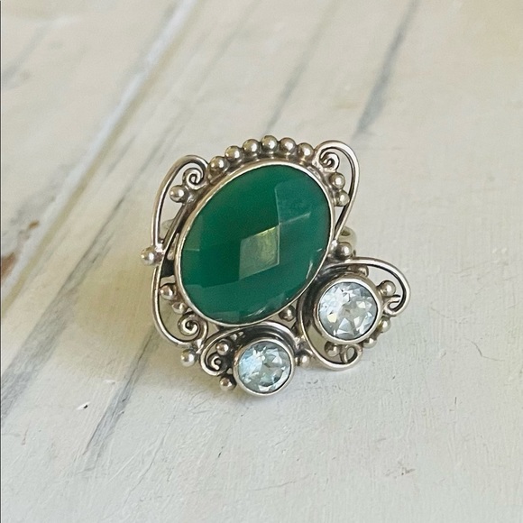 Stamped 925 aventurine, topaz & diamond quartz stmt ring - Picture 2 of 7